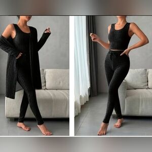Women's Black Ribbed Knit 3 Piece Lounge Set.